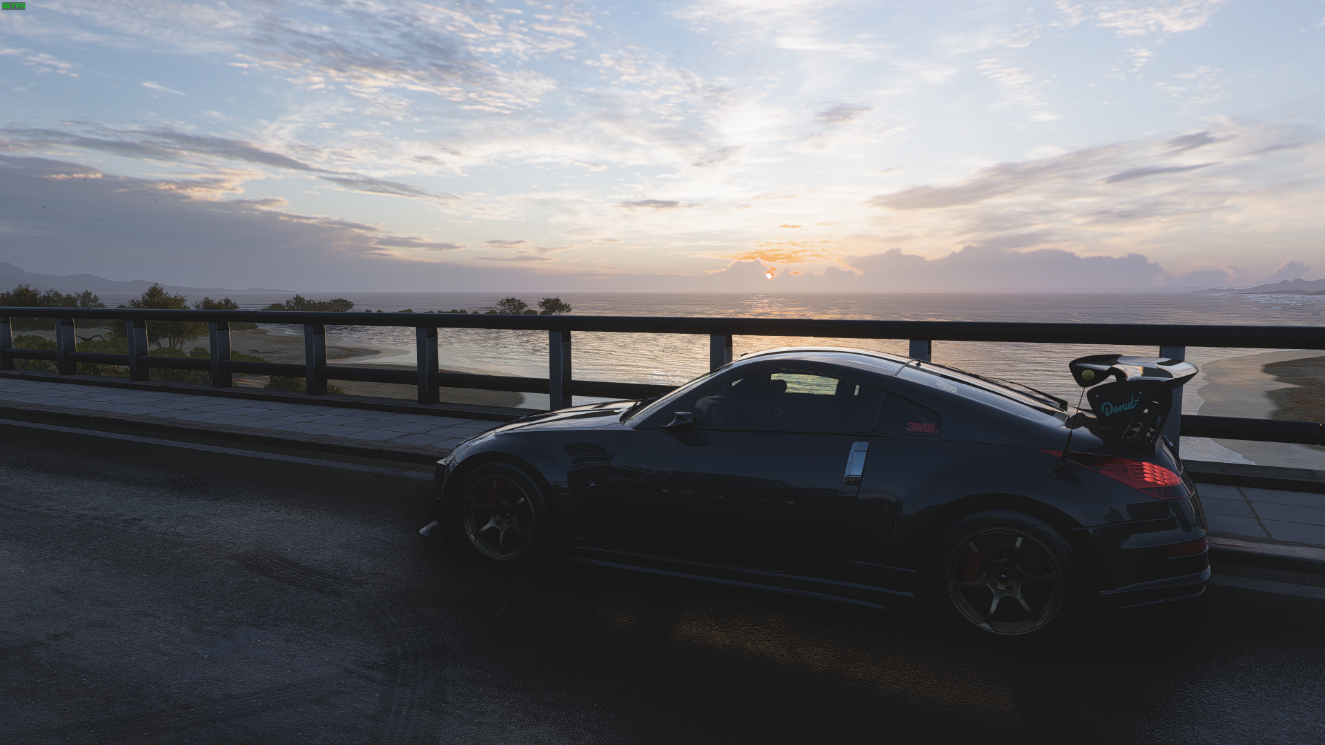 Forza Horizon 5 5K Ultra HD PC desktop wallpaper: sports car silhouette parked on a wet bridge at sunset, reflective water and a dramatic cloud-filled sky.