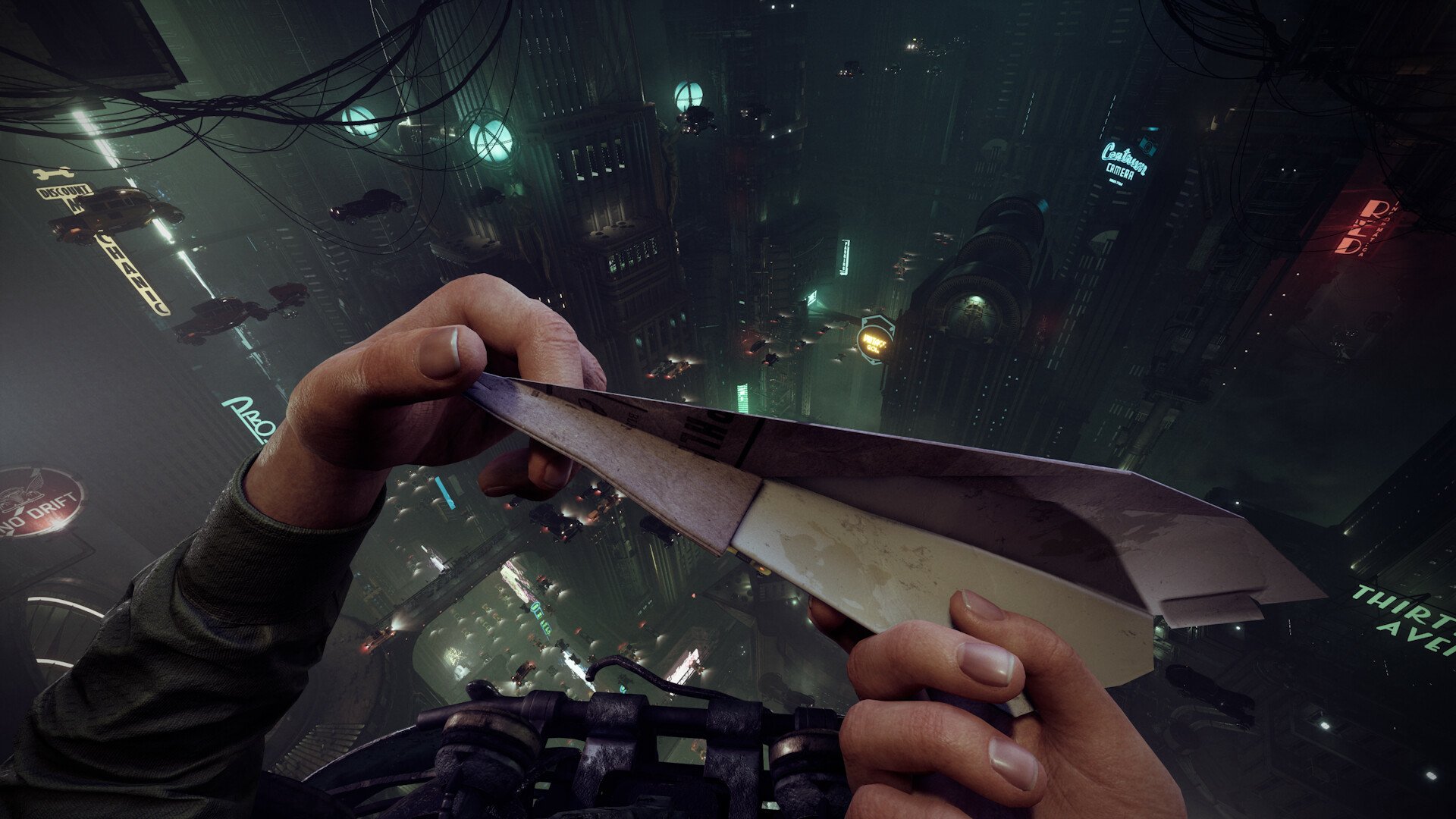High-definition desktop wallpaper featuring a scene from the video game Nobody Wants to Die, showing hands holding a paper airplane over a neon-lit futuristic cityscape.