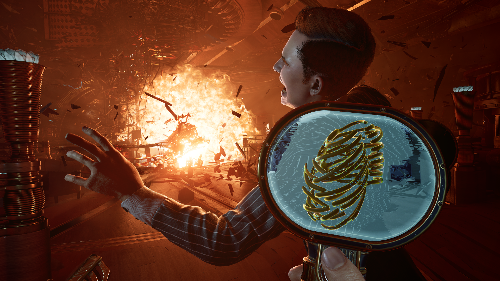 HD wallpaper and background from the video game Nobody Wants to Die, depicting intense action with an explosion and a character viewed through a magnifying glass.
