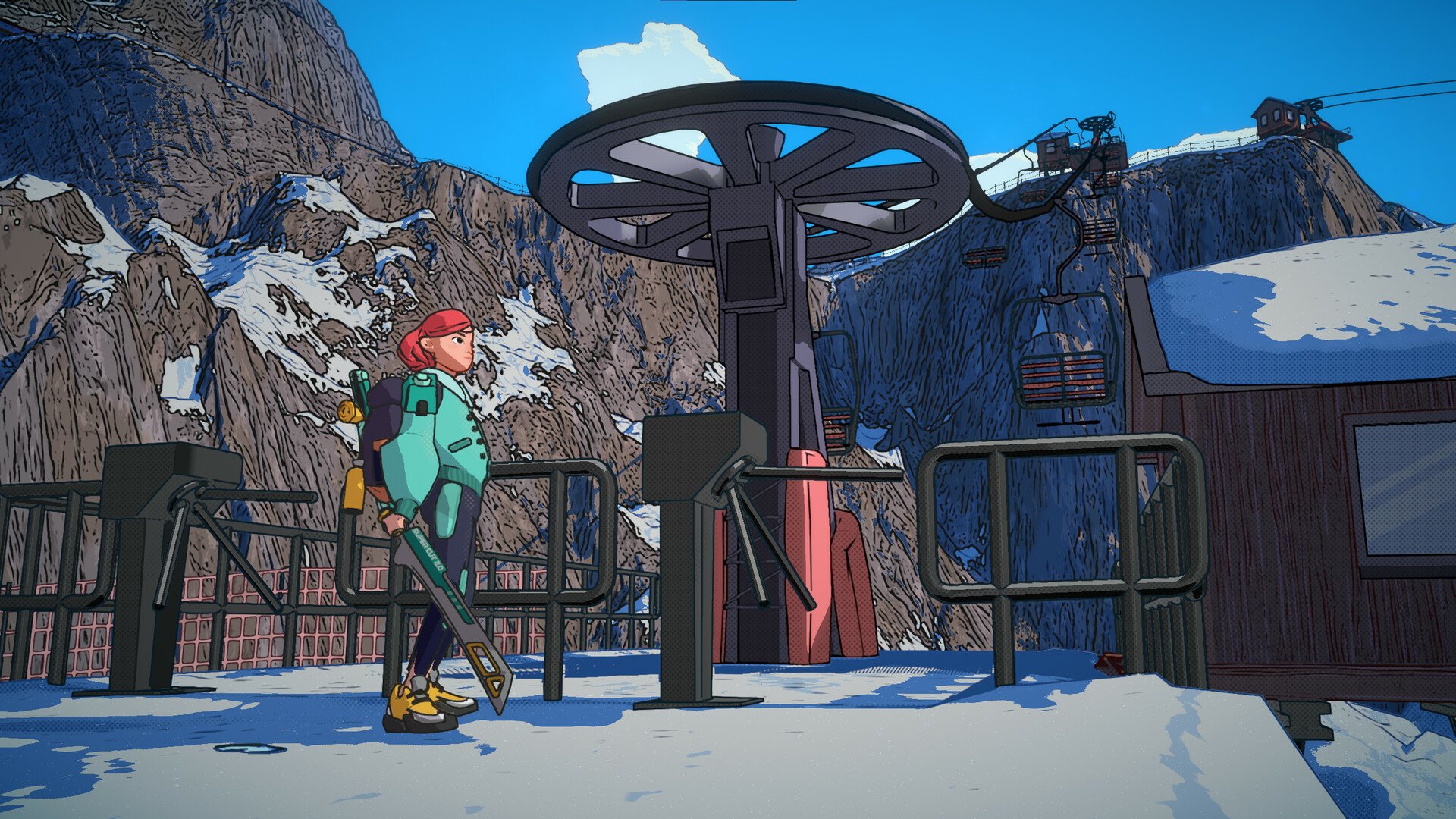This HD desktop wallpaper from the video game Dungeons of Hinterberg shows a character standing at a snow-covered ski lift station, surrounded by mountainous terrain.