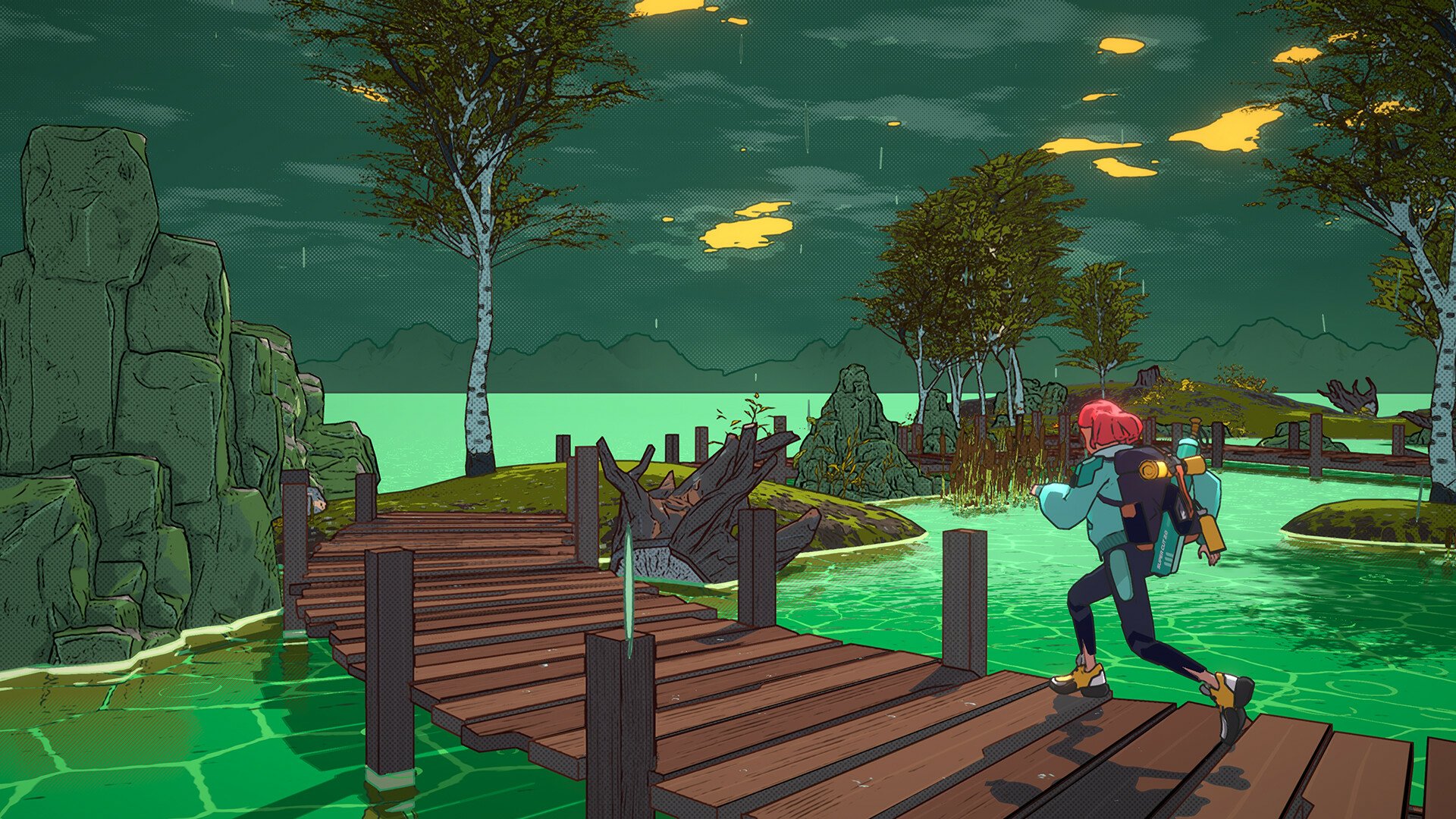 HD desktop wallpaper and background featuring a scene from the video game Dungeons of Hinterberg, showing a character running on a wooden bridge over a glowing green lake, with trees and rocks in the background.