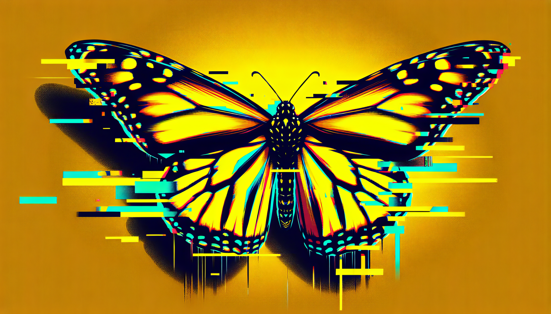 A vibrant HD wallpaper featuring a monarch butterfly with a stunning pixelated effect on a mustard yellow background.