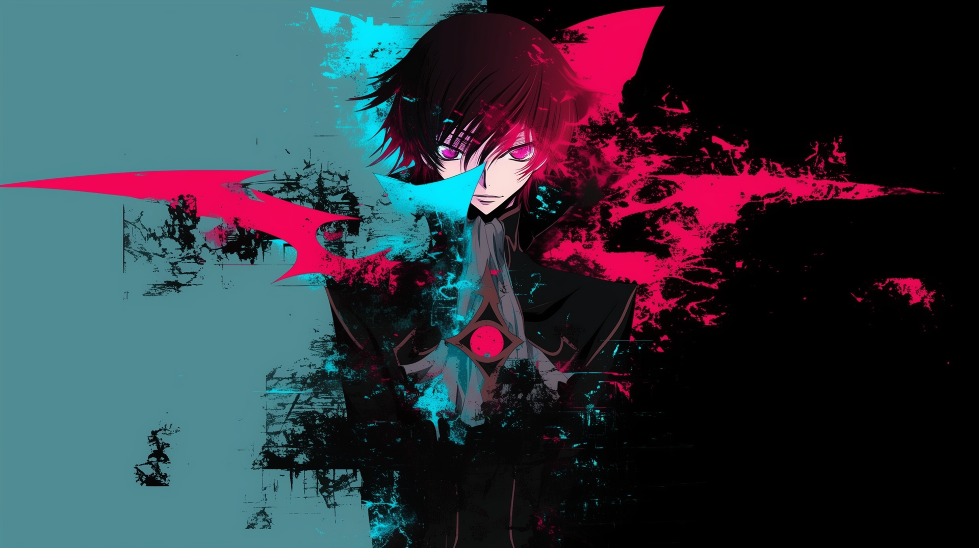 HD desktop wallpaper featuring Lelouch Lamperouge from Code Geass, with a striking mix of cyan and magenta splashes against a dark background, showcasing his intense gaze and distinctive character design.