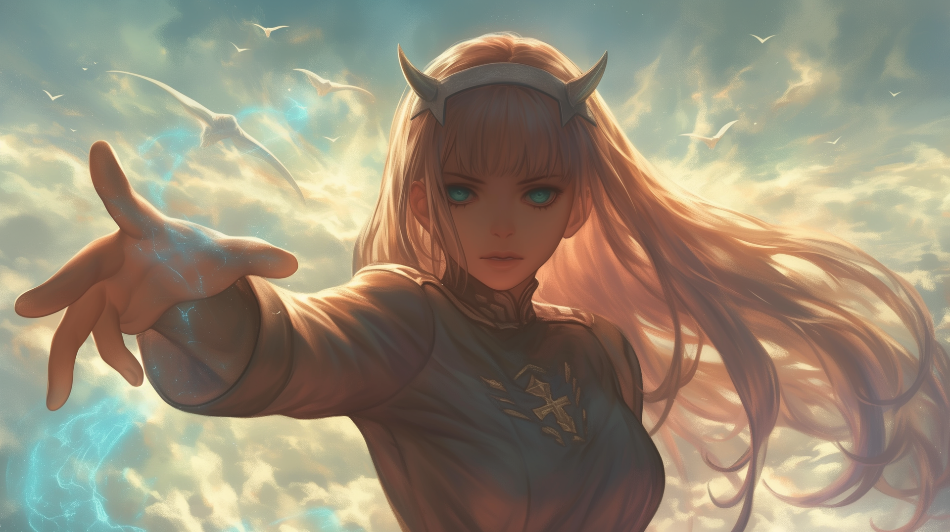 HD desktop wallpaper featuring Zero Two from Darling in the FranXX. She extends her hand against a backdrop of a cloudy sky with sunlight.