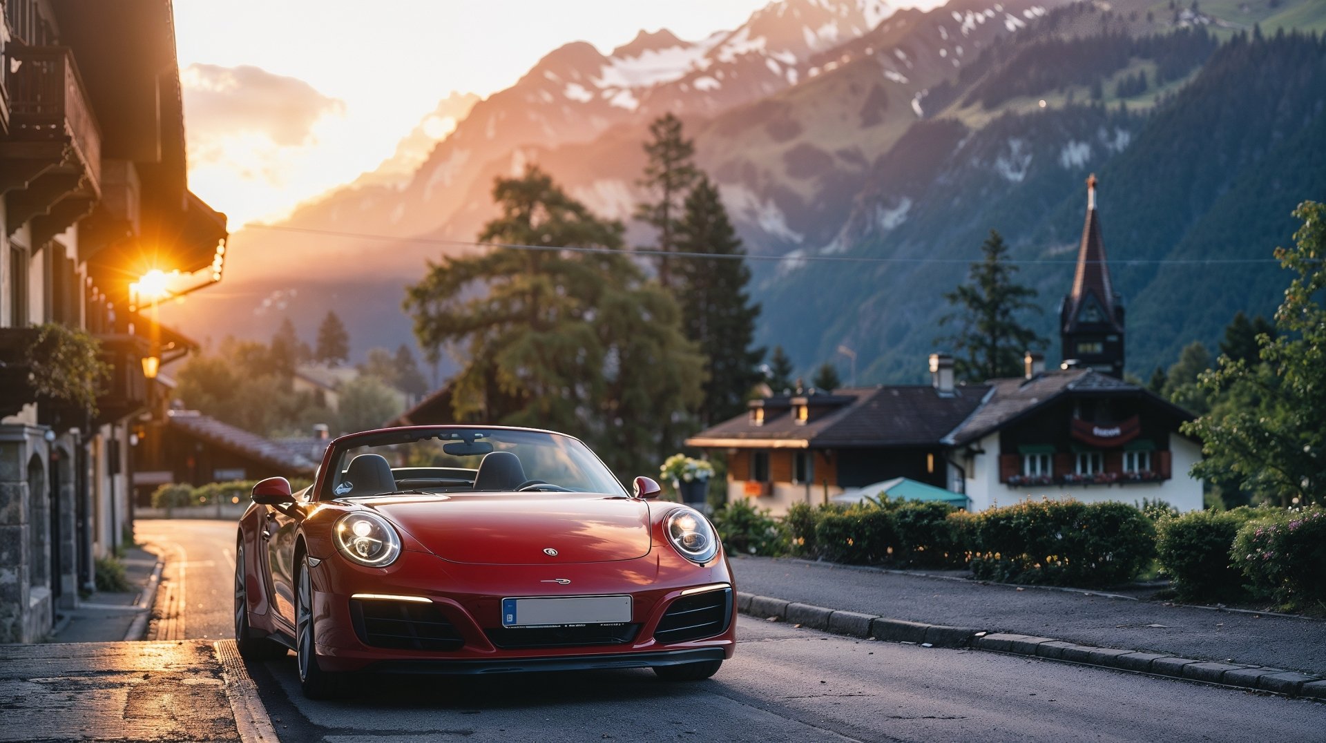 Red Porsche 911 Carrera parked on a Swiss alpine road at sunset, with traditional houses and snow-capped mountain peaks in the background.