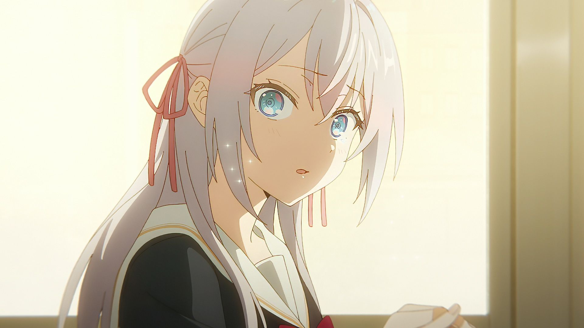 HD desktop wallpaper featuring Alisa Mikhailovna Kujou from the anime Alya Sometimes Hides Her Feelings in Russian, showcasing her long white hair and expressive blue eyes.