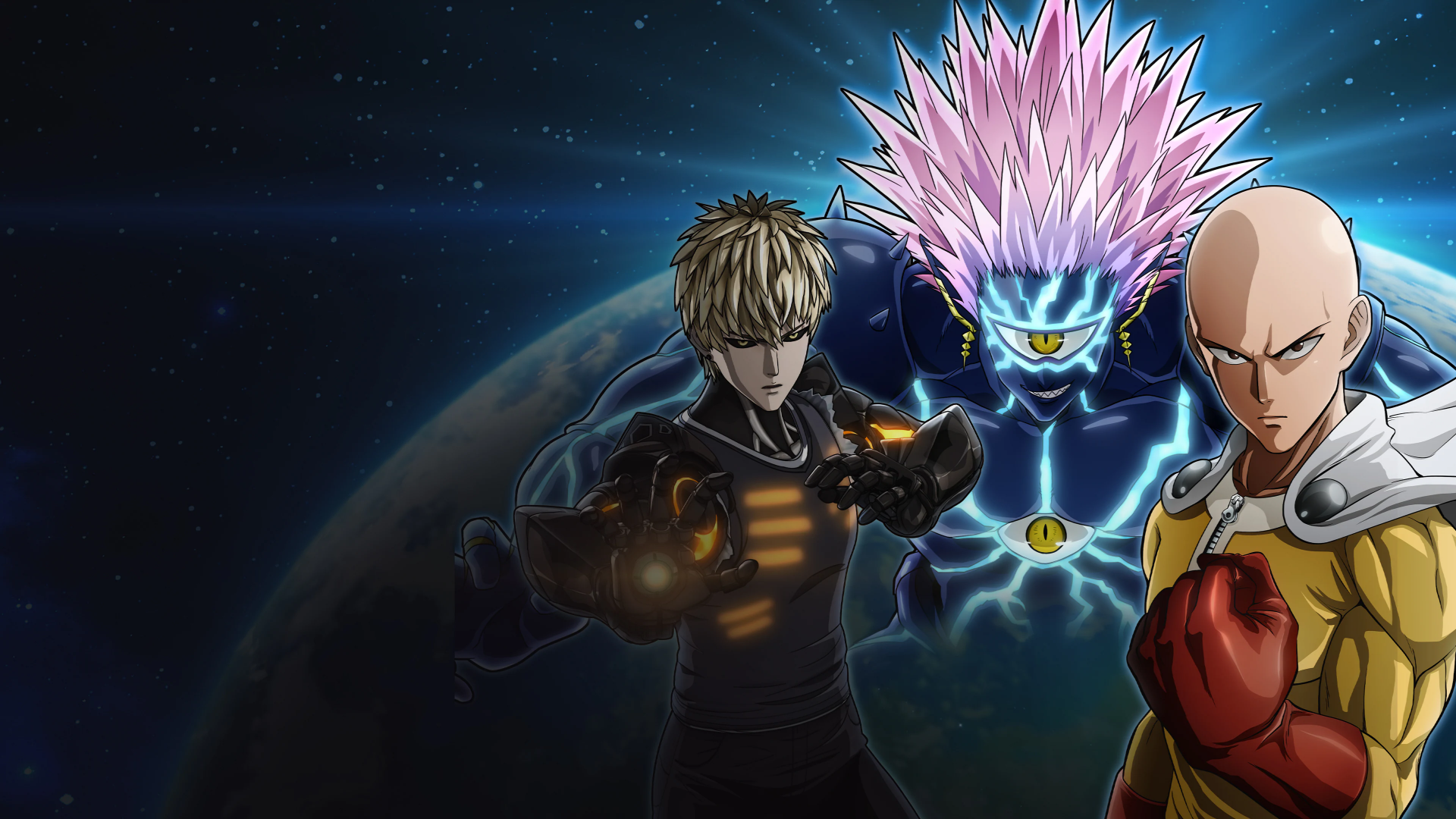 HD desktop wallpaper from the video game One Punch Man: A Hero Nobody Knows, featuring Genos, Saitama, and Lord Boros against a cosmic backdrop.