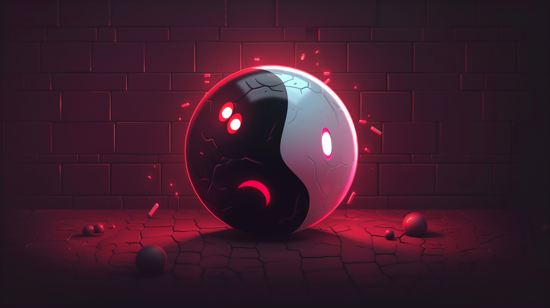 HD desktop wallpaper featuring a glowing, cracked Yin & Yang symbol against a dark, illuminated brick background with scattered debris.