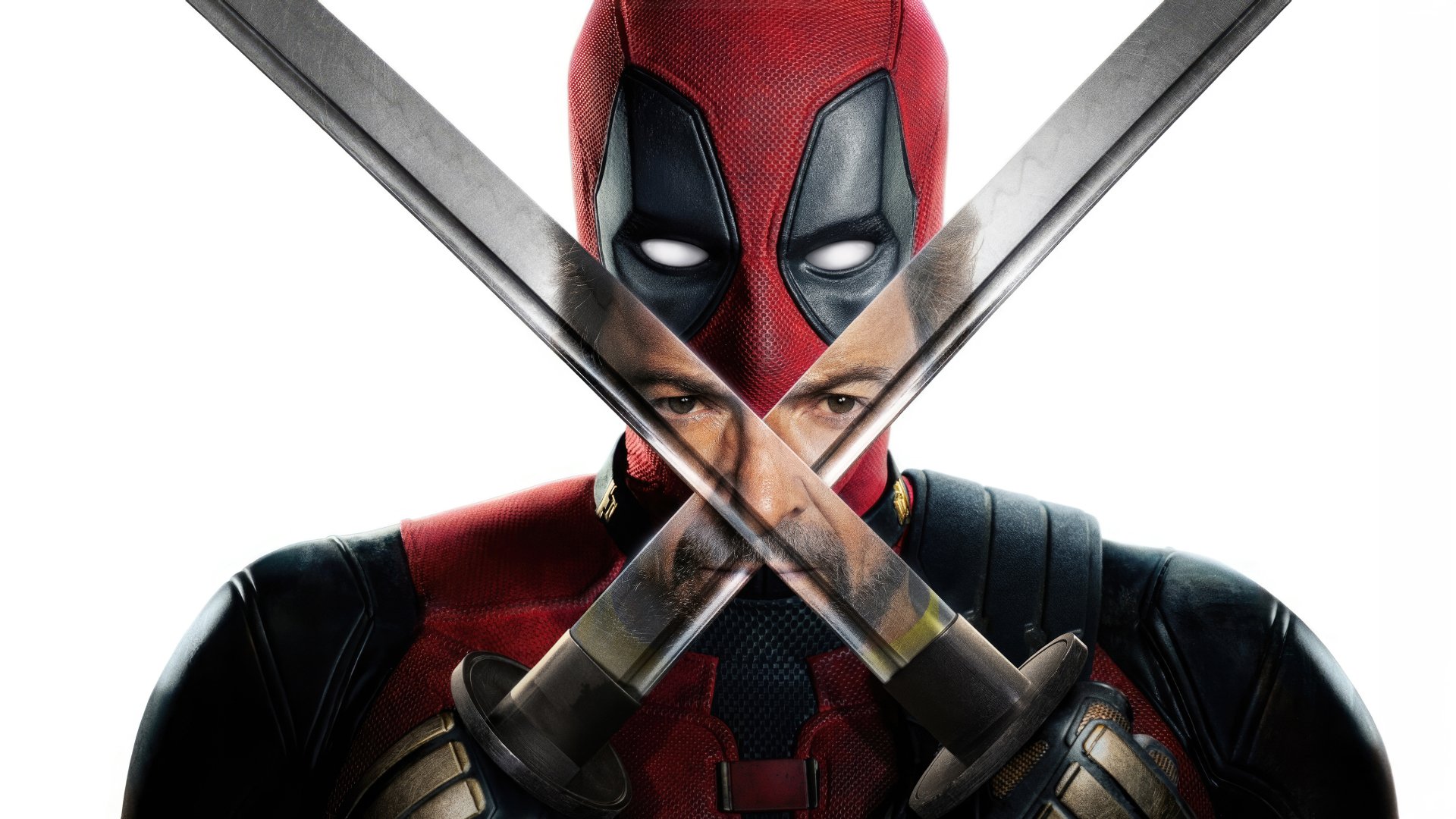 A striking 4K Ultra HD wallpaper featuring Deadpool and Wolverine, with Deadpool facing forward, wielding swords crossed in front of him, showcasing dynamic character design.