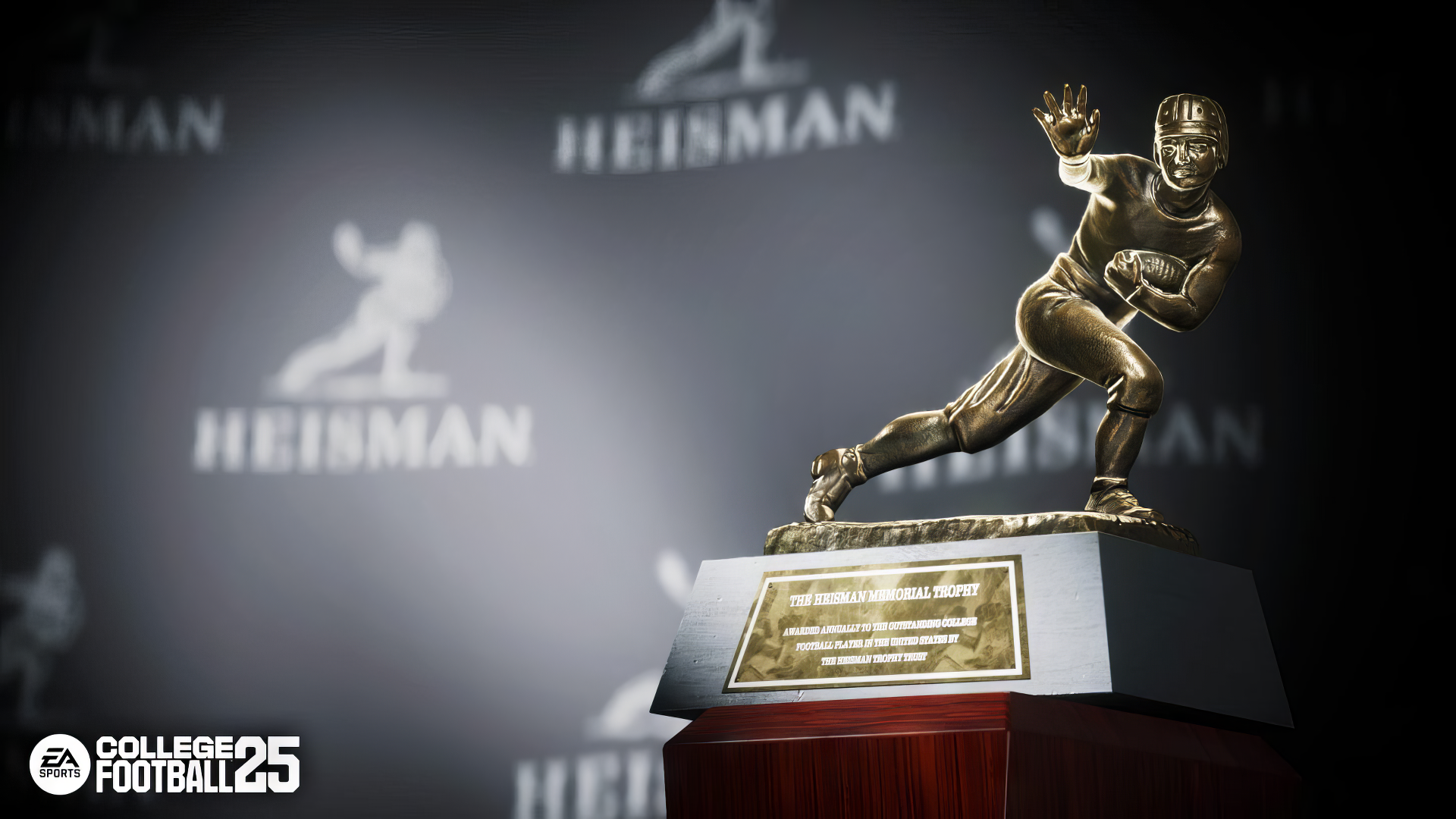 A shiny Heisman Trophy in the foreground, set against a blurred background featuring the logos of EA Sports College Football 25, showcasing the prestige of college football gaming.