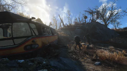 HD desktop wallpaper from the video game Fallout 4, featuring a post-apocalyptic landscape with an abandoned bus and a character in power armor exploring the desolate environment.