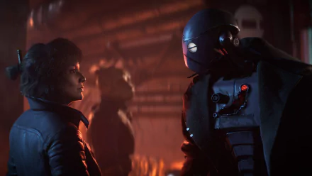 HD desktop wallpaper featuring a scene from the video game 'Star Wars Outlaws', depicting a human character confronting an armored individual with a futuristic helmet in a dimly lit, atmospheric setting.