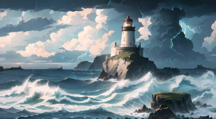 lighthouse ocean storm thunderstorm Island (Anime) HD Desktop Wallpaper | Background Image