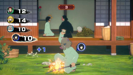 HD desktop wallpaper from the video game Demon Slayer -Kimetsu no Yaiba- Sweep the Board, featuring characters in a traditional Japanese setting engaged in a lively board game with score indicators visible.