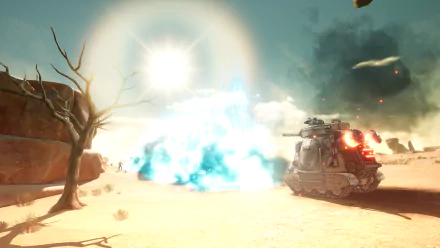 HD wallpaper of a combat tank engaging in an explosive battle in a sunny desert landscape with barren trees and dramatic dust clouds, from the video game Sand Land.