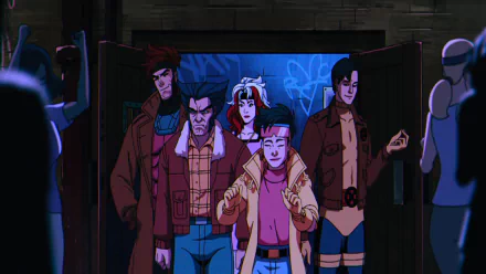 A dynamic superhero lineup featuring Wolverine, Jubilee, Rogue, Cyclops, and Morph in a high-definition desktop wallpaper.
