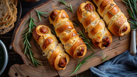 Delicious Pigs in a Blanket arranged on a wooden platter, garnished with fresh rosemary, creating a mouthwatering HD wallpaper and background for food lovers.