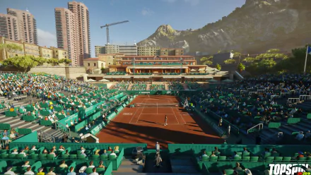 HD desktop wallpaper from the video game TopSpin 2K25, featuring a tennis match in a bustling city stadium.
