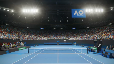 HD desktop wallpaper from TopSpin 2K25 video game, featuring a realistic tennis court scene at Australian Open with a packed crowd.