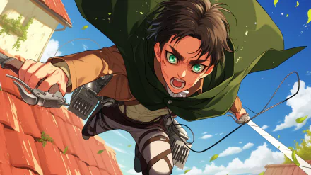 HD wallpaper depicting Eren Yeager from Attack on Titan, in mid-action with his 3D maneuvering gear against a bright, village backdrop.