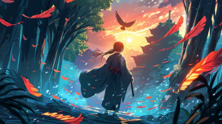 HD desktop wallpaper featuring a serene anime landscape with a character in traditional attire standing in a vividly colored forest bathed in sunlight, as leaves flutter and birds soar.