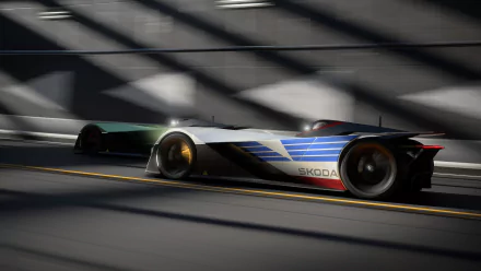 HD wallpaper of a Škoda Vision GT racing car speeding on a track, featuring dynamic shadows and lighting.