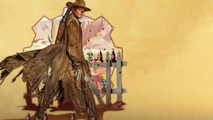 HD desktop wallpaper from the TV show Fallout featuring a character in a tattered coat and hat, standing beside bottles on a shelf, set against a yellow background.