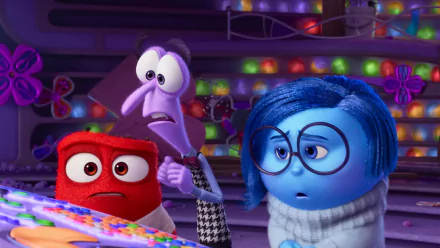 HD desktop wallpaper from Inside Out 2 featuring the characters Anger, Fear, and Sadness in a colorful setting.