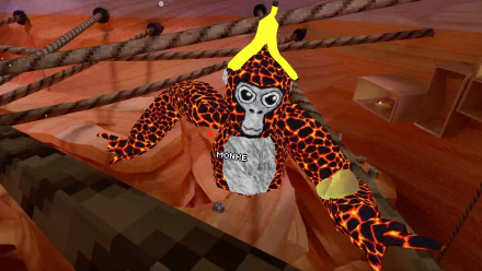HD wallpaper from the video game Gorilla Tag, featuring a cartoon gorilla with lava-like skin, wearing a VR headset and a banana hat in a wooden environment.