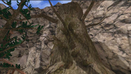 HD desktop wallpaper featuring a large, textured tree from the video game Gorilla Tag, set against a rugged cliff backdrop.