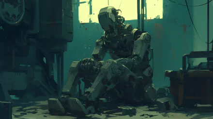 HD desktop wallpaper featuring a melancholic robot sitting in a dimly lit, cluttered workshop, evoking a sad, sci-fi ambiance.