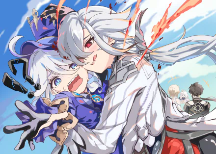 4K Ultra HD Genshin Impact wallpaper featuring Arlecchino, Zhongli, Paimon, and Lumine in dynamic poses against a bright sky background.