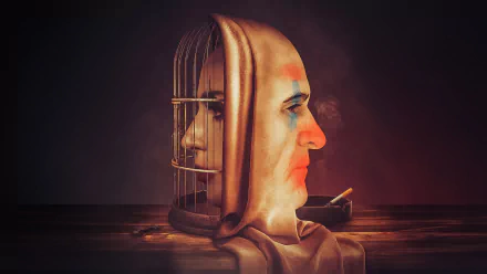 HD desktop wallpaper featuring a stylized profile portrait of the Joker with a cage mask and pipe from the movie Joker: Folie à Deux.