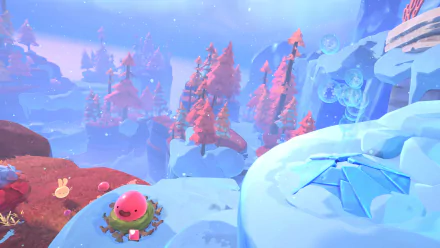 HD desktop wallpaper from Slime Rancher 2 featuring a bright pink slime in a vivid, pastel-shaded alien landscape with trees and floating islands.