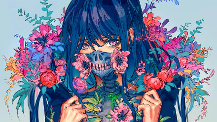 Anime-style girl with Day of the Dead skeleton face paint surrounded by vibrant flowers, rendered in 4K Ultra HD for PC desktop wallpaper and background.