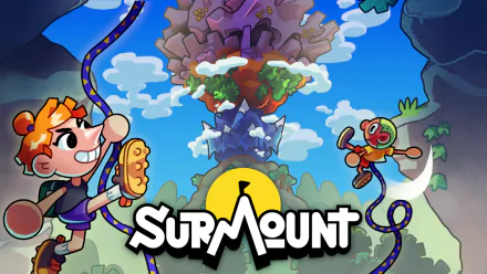 HD desktop wallpaper for the video game Surmount, featuring animated characters climbing a fantastical mountain with vibrant graphics.