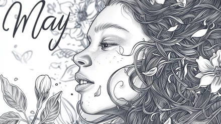 HD desktop wallpaper for May featuring a detailed illustration of a woman with floral and leaf designs entwined in her hair.