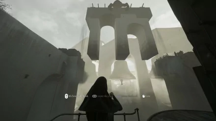 HD desktop wallpaper of a video game scene featuring a character in a cloak looking at a large, mystic structure in a foggy environment, tagged with Indika.