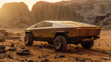 HD wallpaper of a Tesla Cybertruck parked in a desert landscape during sunset.