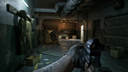HD wallpaper of a first-person view in a video game, showcasing a scene of Gray Zone Warfare with soldiers in a dimly lit corridor.
