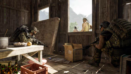 HD desktop wallpaper from the video game Gray Zone Warfare, depicting soldiers in a wooden building overlooking a mountain area.
