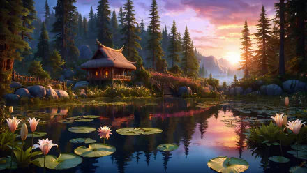 A serene fantasy lake at sunset with water lilies floating on the calm surface, surrounded by a forest and a cozy cottage, rendered in 4K Ultra HD detail.