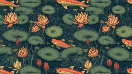  Desktop background of koi fish and flowers