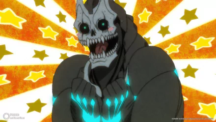 HD anime wallpaper featuring Kafka Hibino from Kaiju No. 8, depicted as a monstrous figure against a vibrant starry background.