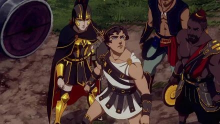 HD desktop wallpaper of Heron from Blood of Zeus anime, depicted with fellow warriors in a battle-ready pose.