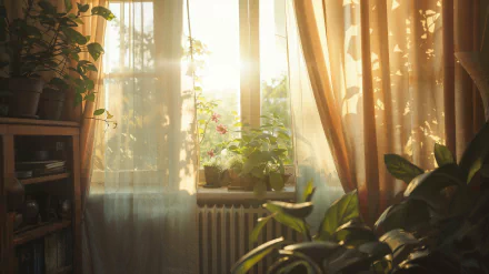 HD desktop wallpaper featuring a sunlit room filled with houseplants, casting warm light through sheer curtains.
