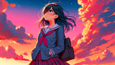 HD PC desktop wallpaper/background: anime girl in school uniform gazes across a vivid sunset anime landscape with dramatic, colorful clouds.