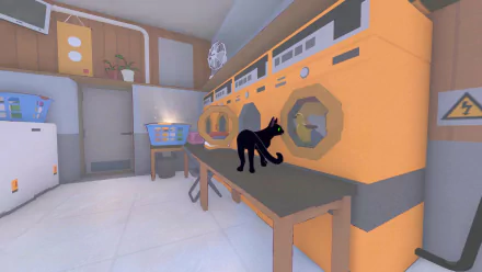 HD desktop wallpaper from Little Kitty Big City video game depicting a black cat exploring a brightly colored kitchen interior.