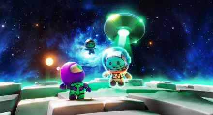 HD wallpaper from the video game Rumble Club featuring cartoonish characters encountering a UFO on a vibrant cosmic backdrop.