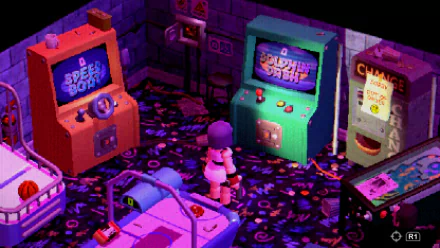 HD desktop wallpaper from the video game Crow Country, featuring a character in an arcade room with colorful game machines.